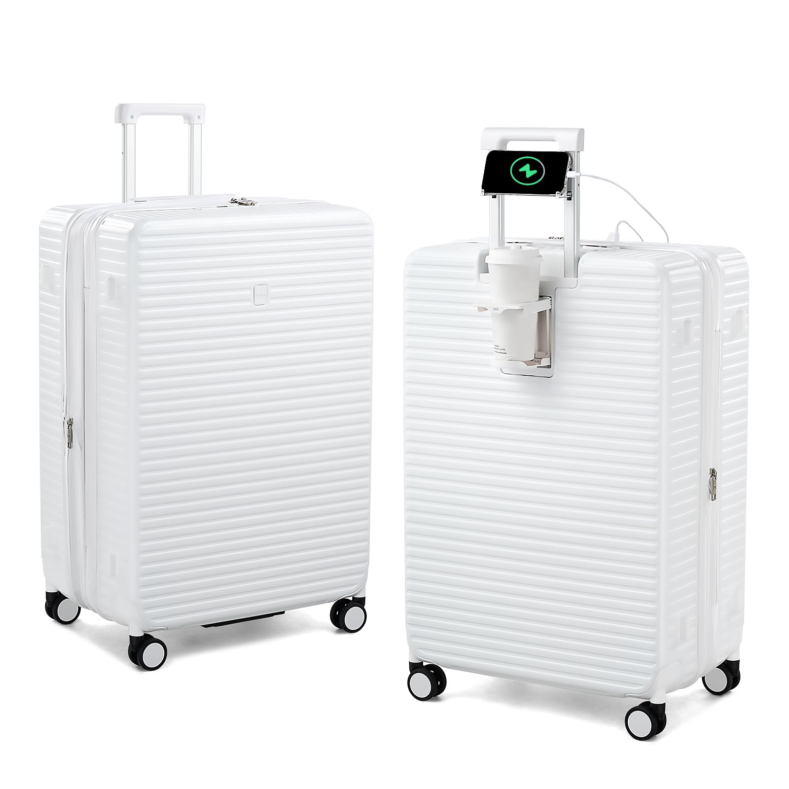 Expandable Travel Luggage with Cup Holder Charger Built in Lightweight Small Suitcase, Silver