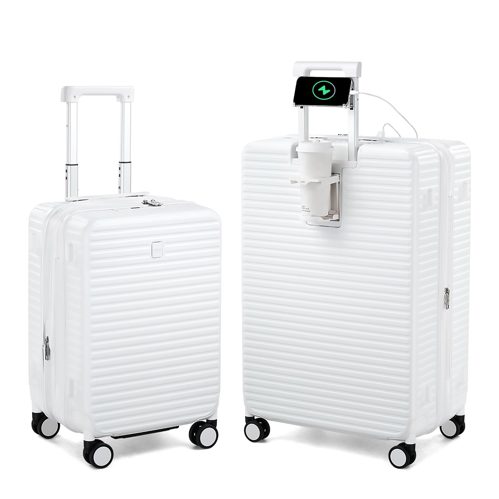 Expandable Travel Luggage with Cup Holder Charger Built in Lightweight Small Suitcase, Silver