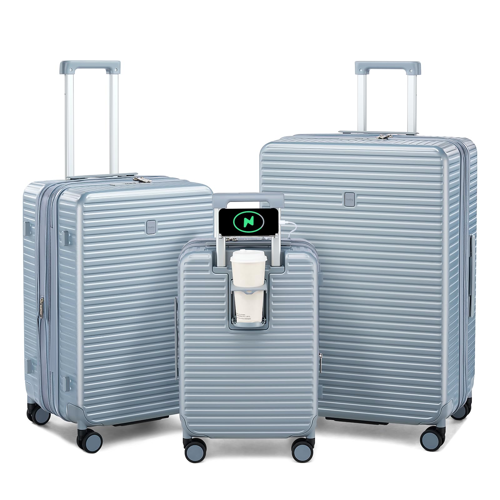Expandable Travel Luggage with Cup Holder Charger Built in Lightweight Small Suitcase, Silver