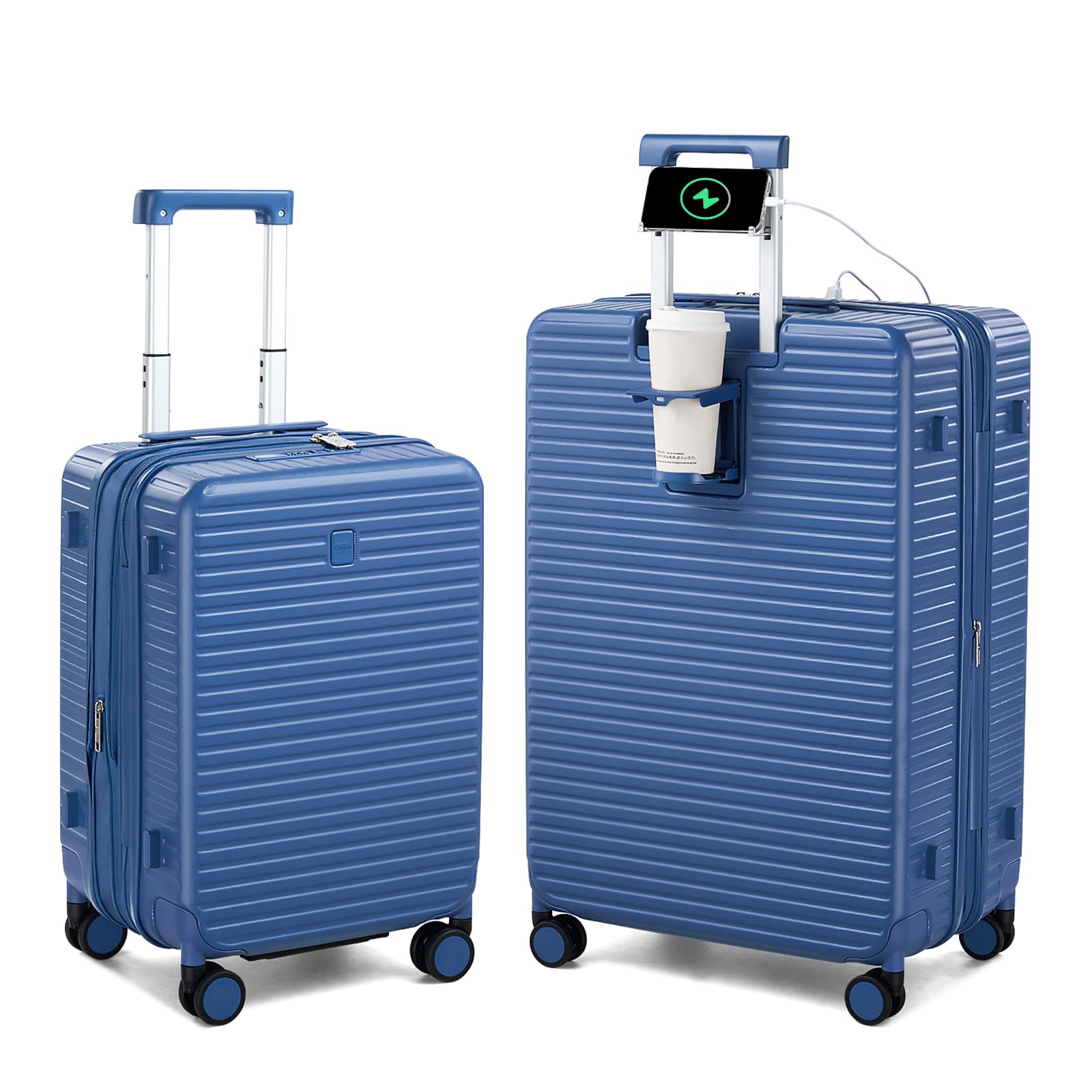 Expandable Travel Luggage with Cup Holder Charger Built in Lightweight Small Suitcase, Silver