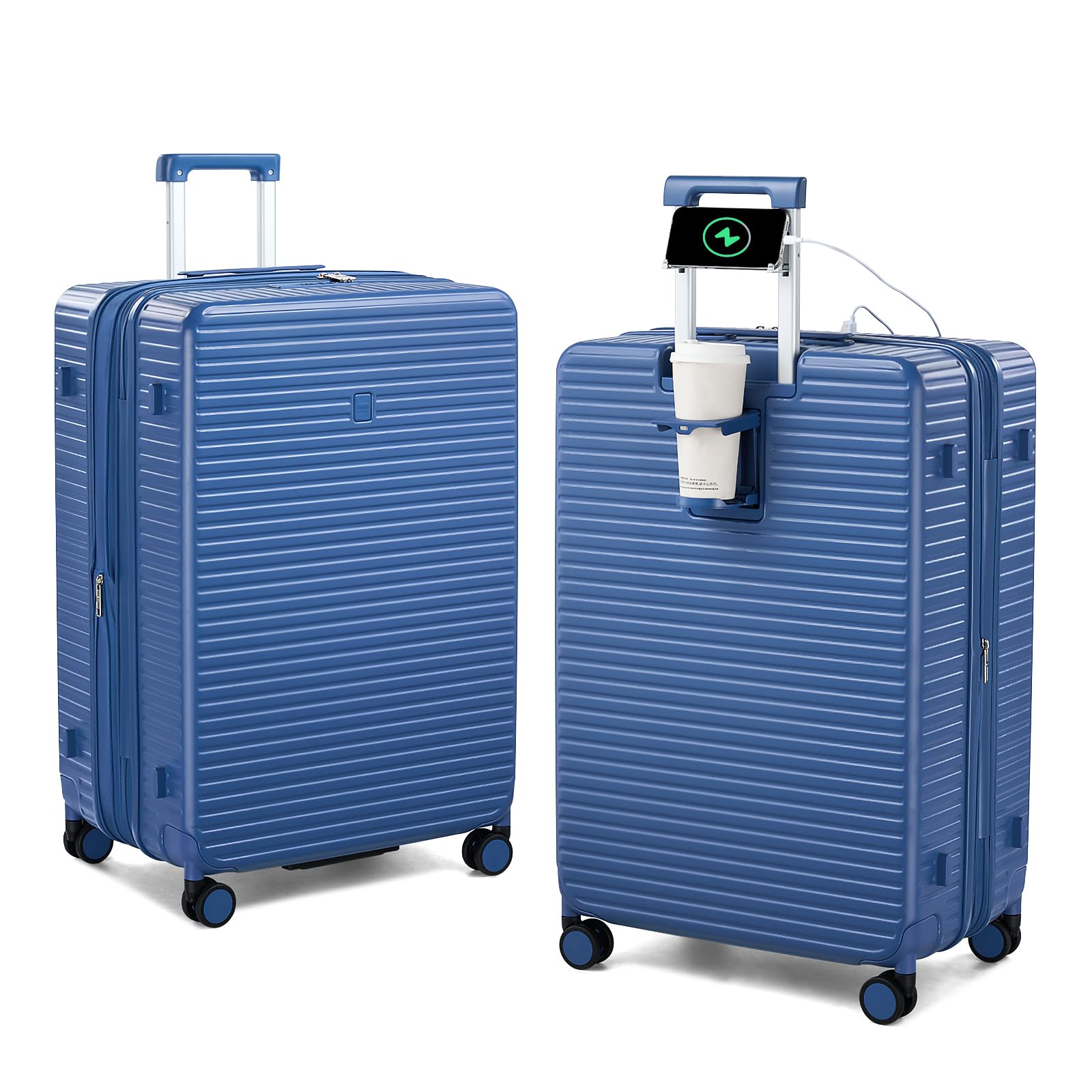 Expandable Travel Luggage with Cup Holder Charger Built in Lightweight Small Suitcase, Silver