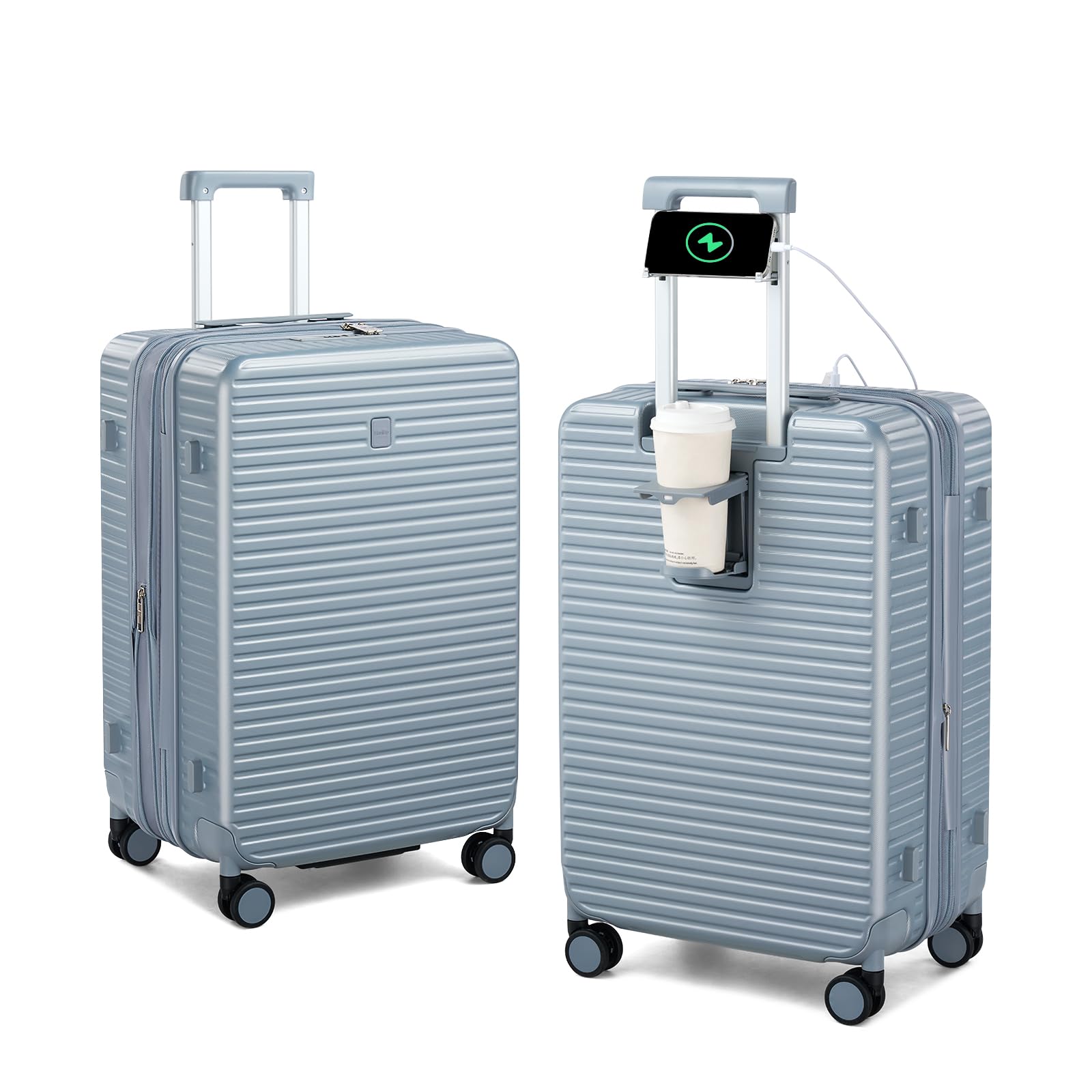 Expandable Travel Luggage with Cup Holder Charger Built in Lightweight Small Suitcase, Silver