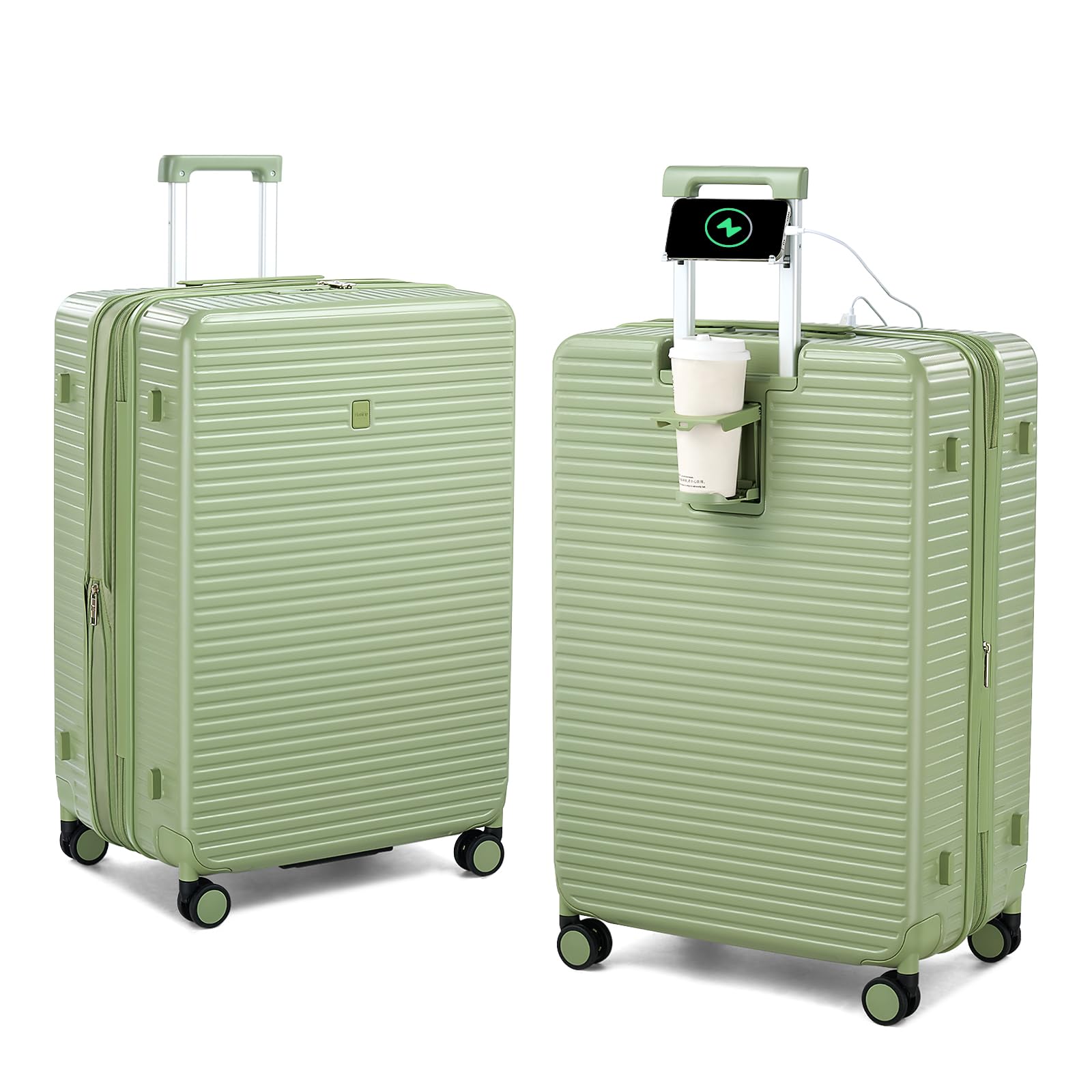 Expandable Travel Luggage with Cup Holder Charger Built in Lightweight Small Suitcase, Silver
