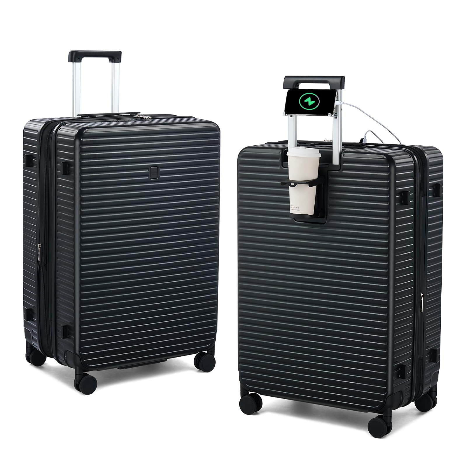 Expandable Travel Luggage with Cup Holder Charger Built in Lightweight Small Suitcase, Silver