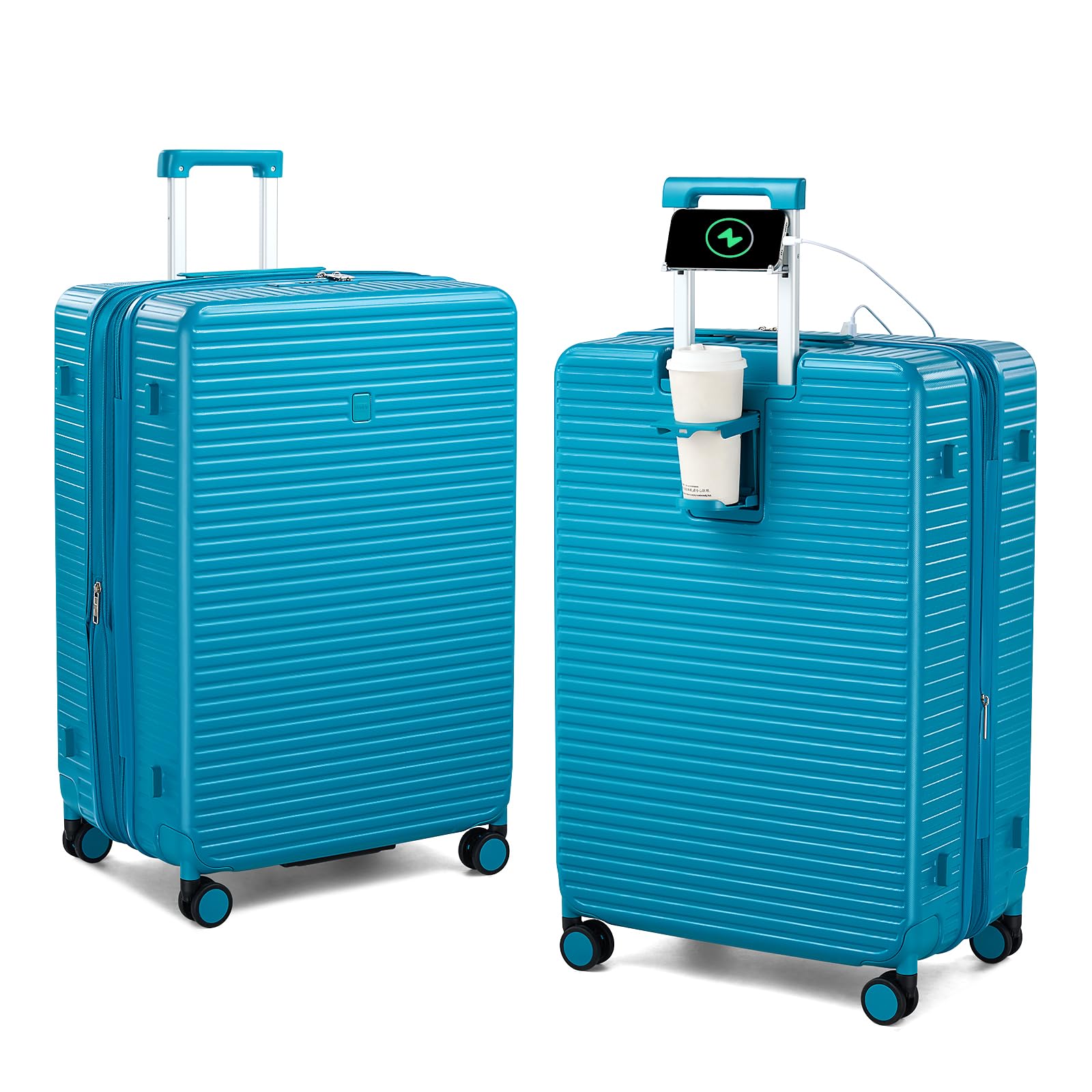 Expandable Travel Luggage with Cup Holder Charger Built in Lightweight Small Suitcase, Silver