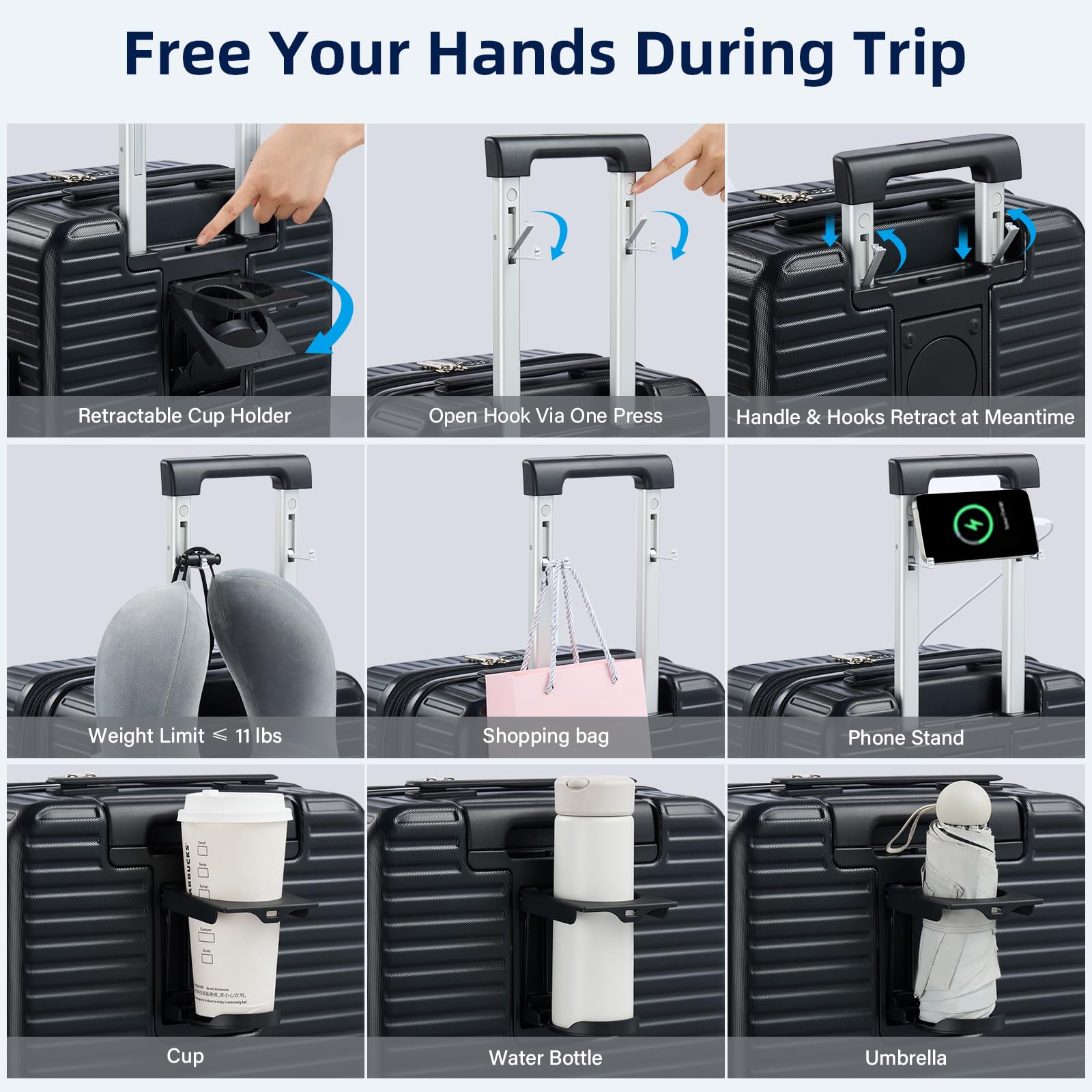 Expandable Travel Luggage with Cup Holder Charger Built in Lightweight Small Suitcase, Silver