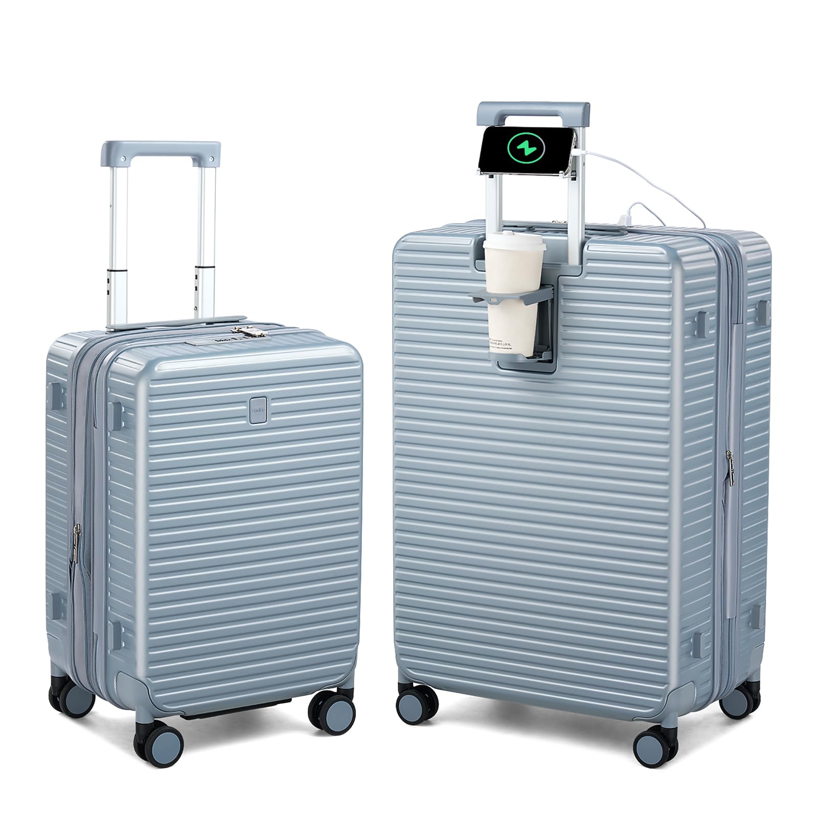 Expandable Travel Luggage with Cup Holder Charger Built in Lightweight Small Suitcase, Silver