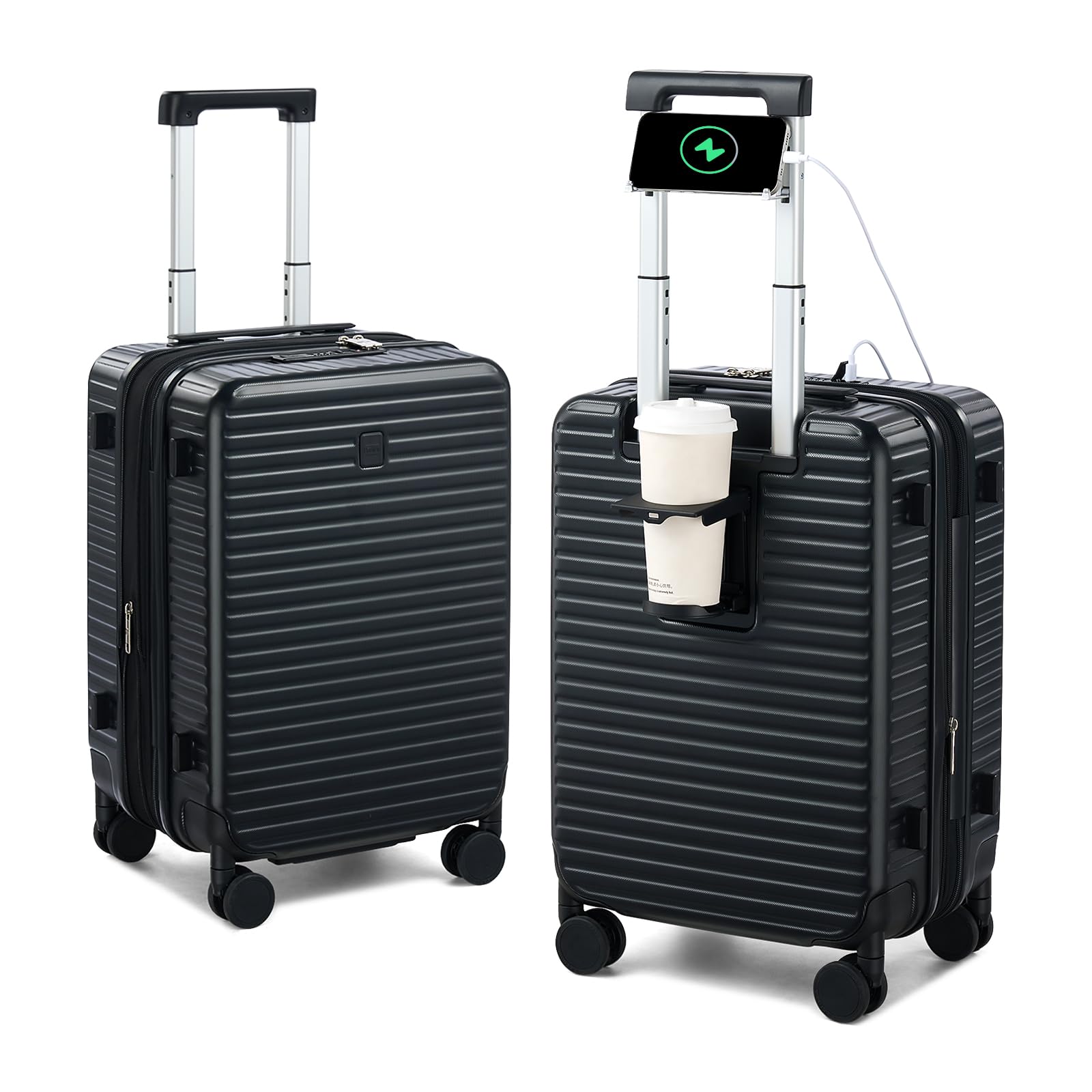 Expandable Travel Luggage with Cup Holder Charger Built in Lightweight Small Suitcase, Silver