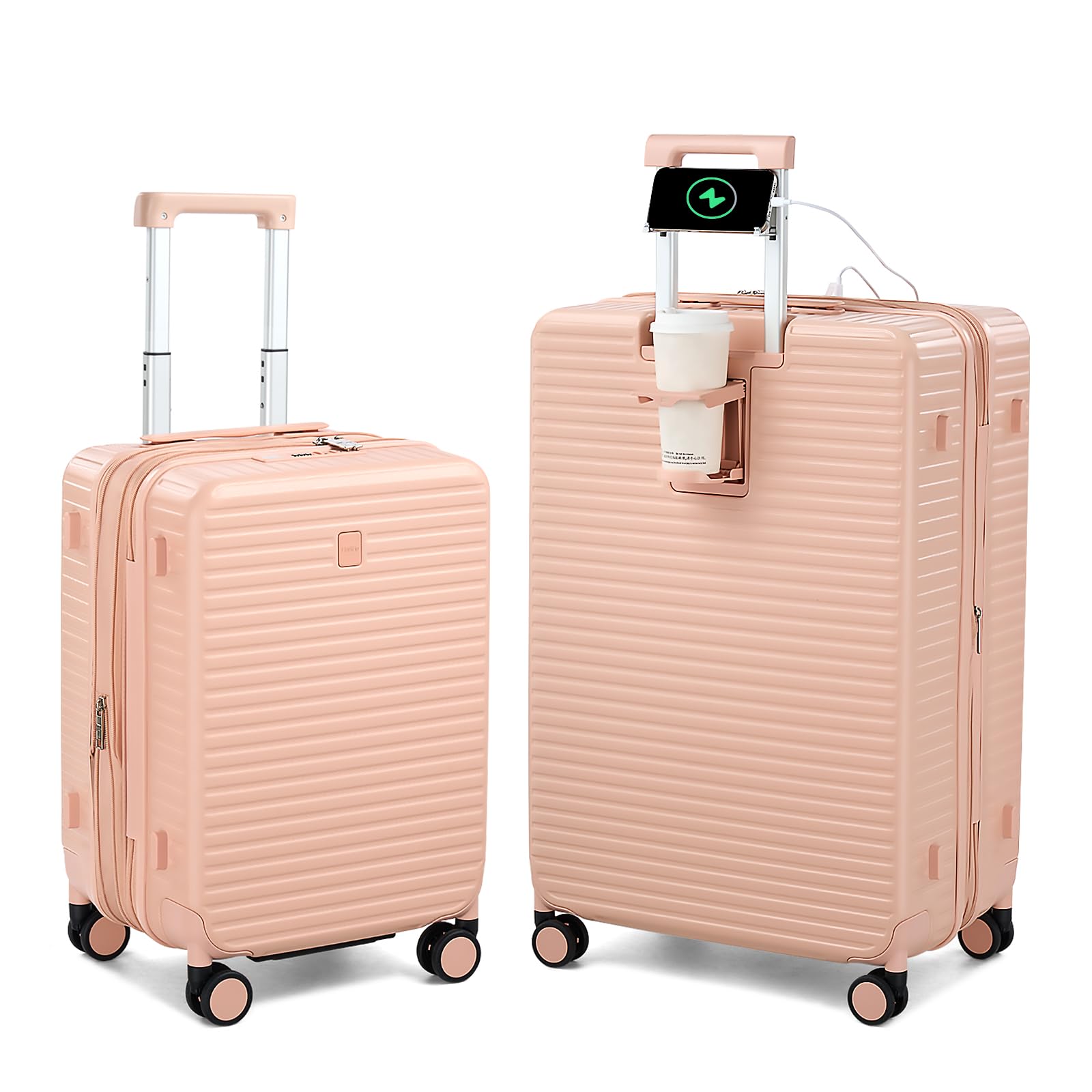 Expandable Travel Luggage with Cup Holder Charger Built in Lightweight Small Suitcase, Silver