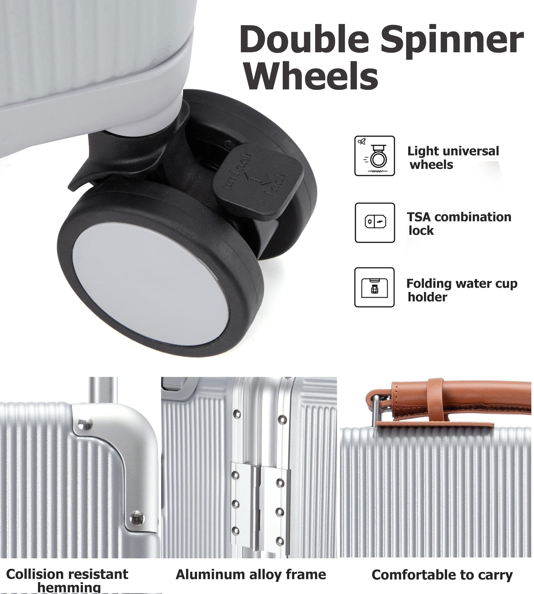 Wheels Luxury Rolling Travel Suitcase with TSA Lock & Cup Holder