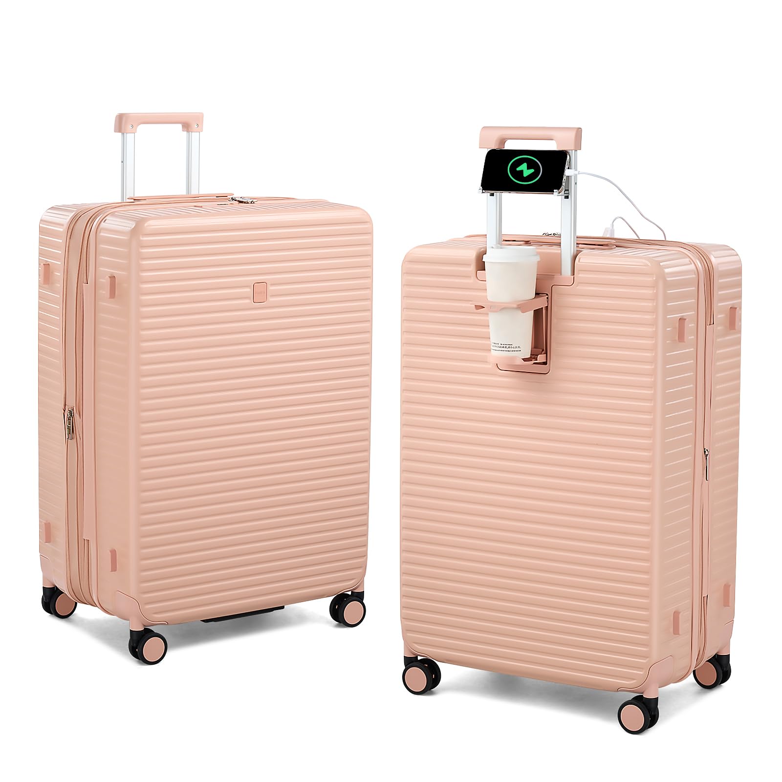 Expandable Travel Luggage with Cup Holder Charger Built in Lightweight Small Suitcase, Silver