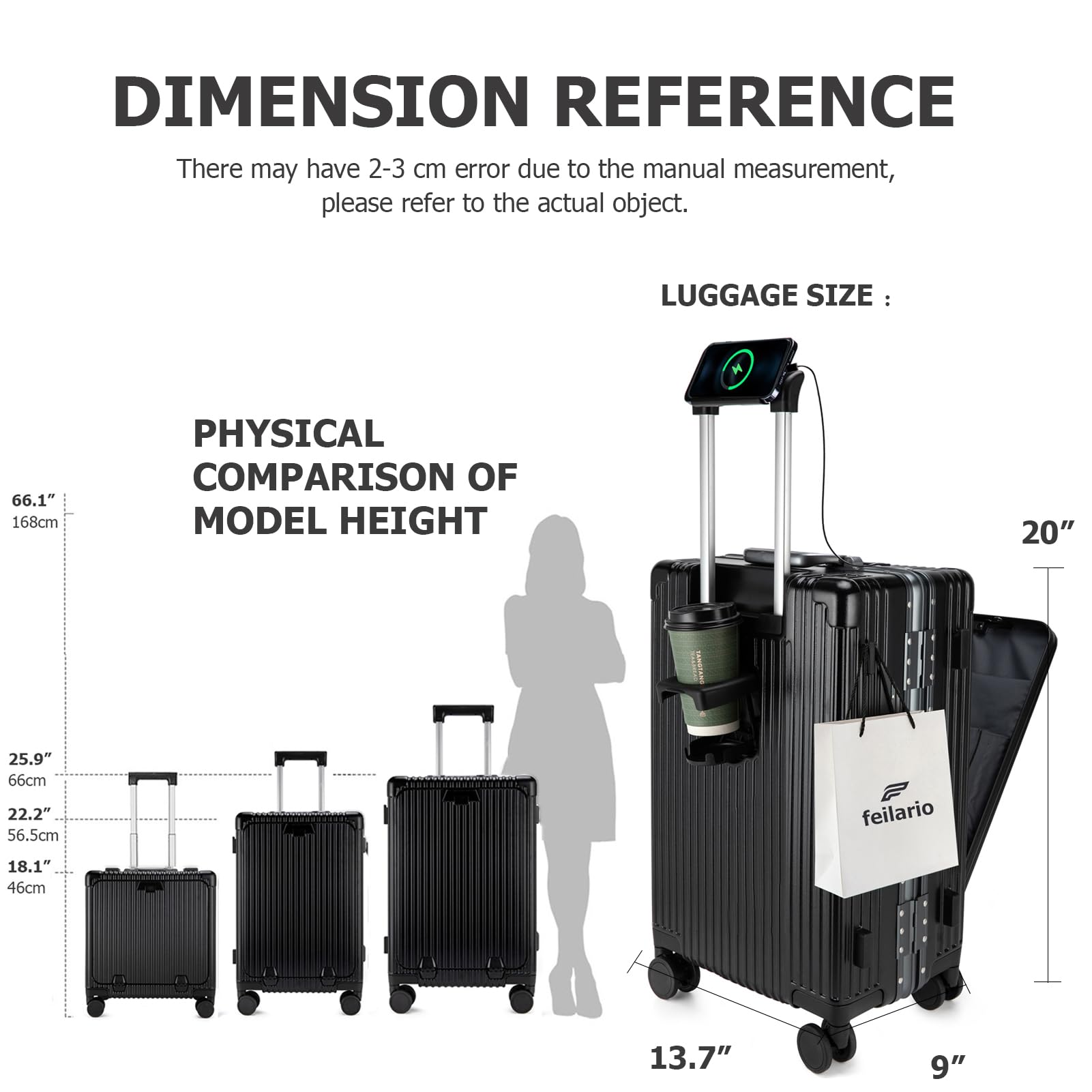 20.8"X15"X8.7 Airline Approved Built-In TSA lock Carry on Suitcase, with Cup Holder, USB Port, Phone Holder