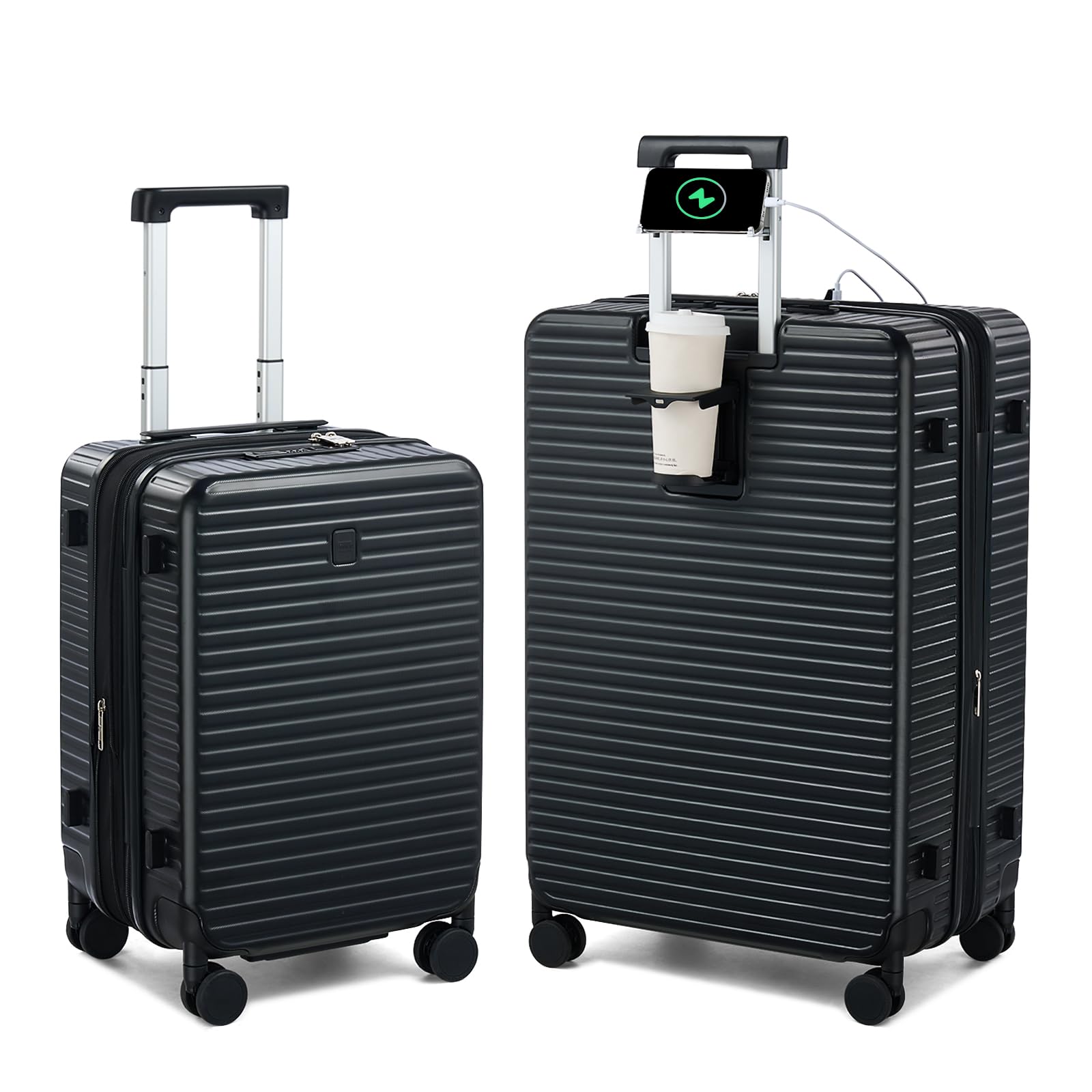 Expandable Travel Luggage with Cup Holder Charger Built in Lightweight Small Suitcase, Silver
