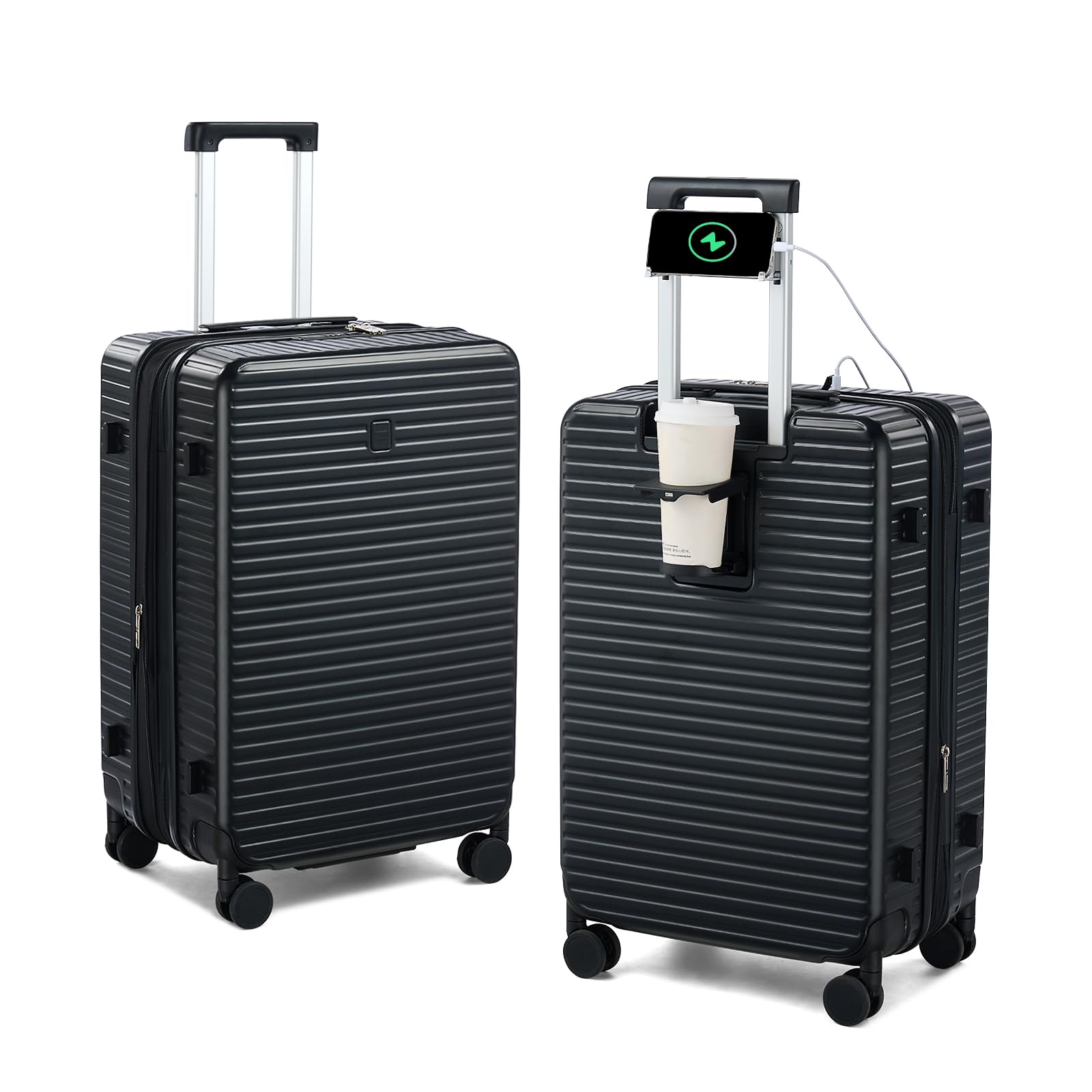 Expandable Travel Luggage with Cup Holder Charger Built in Lightweight Small Suitcase, Silver