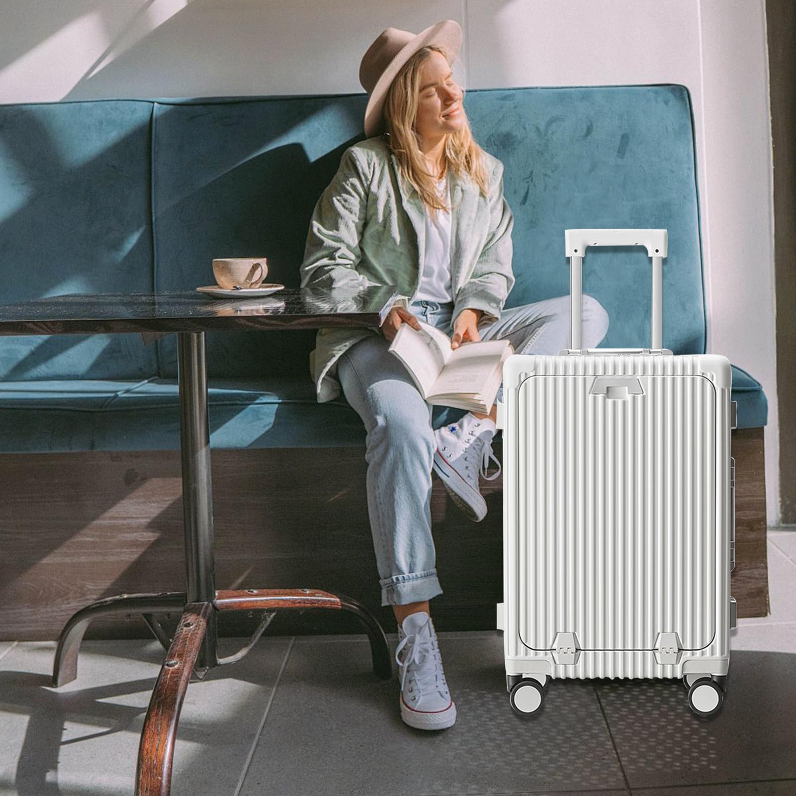 20.8"X15"X8.7 Airline Approved Built-In TSA lock Carry on Suitcase, with Cup Holder, USB Port, Phone Holder