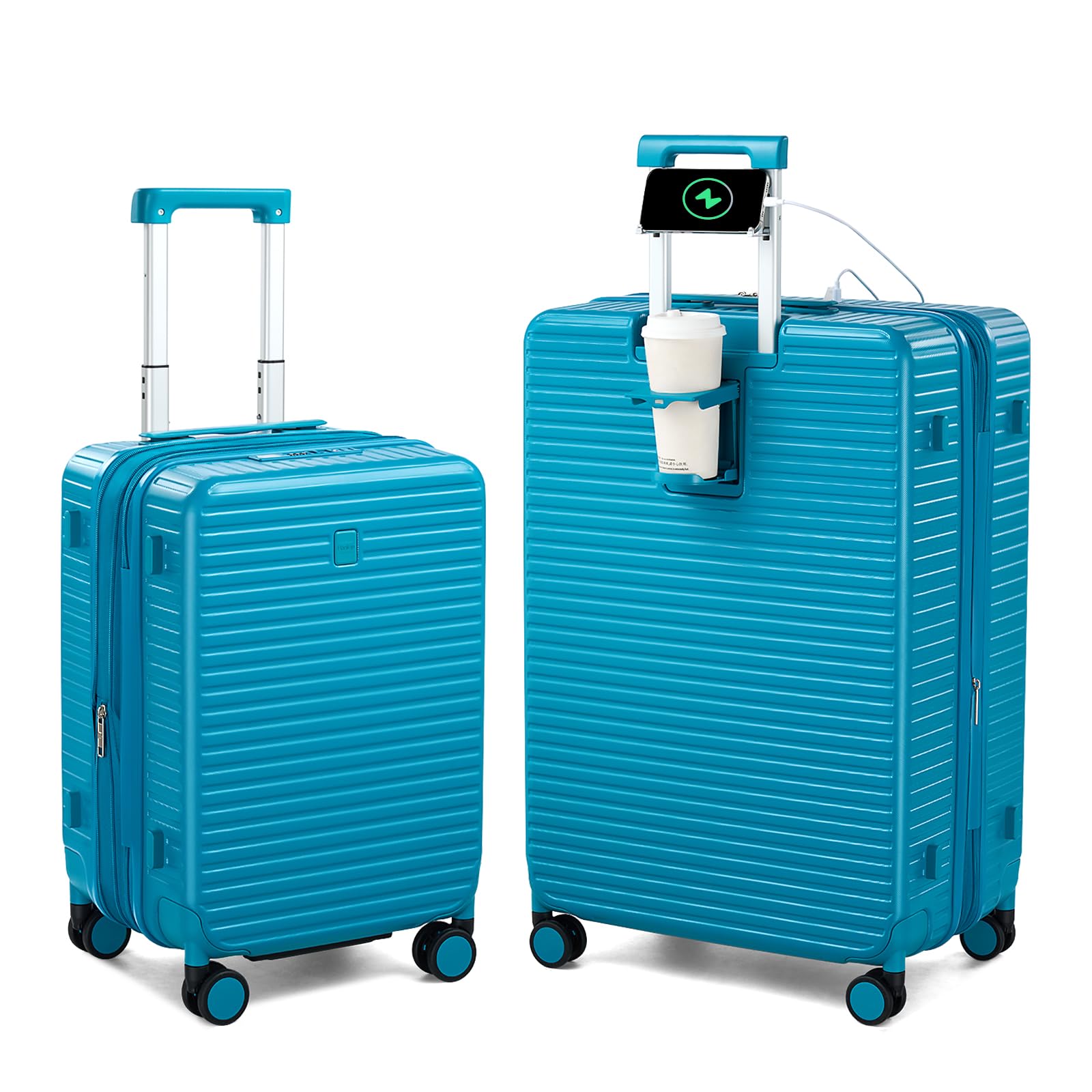 Expandable Travel Luggage with Cup Holder Charger Built in Lightweight Small Suitcase, Silver