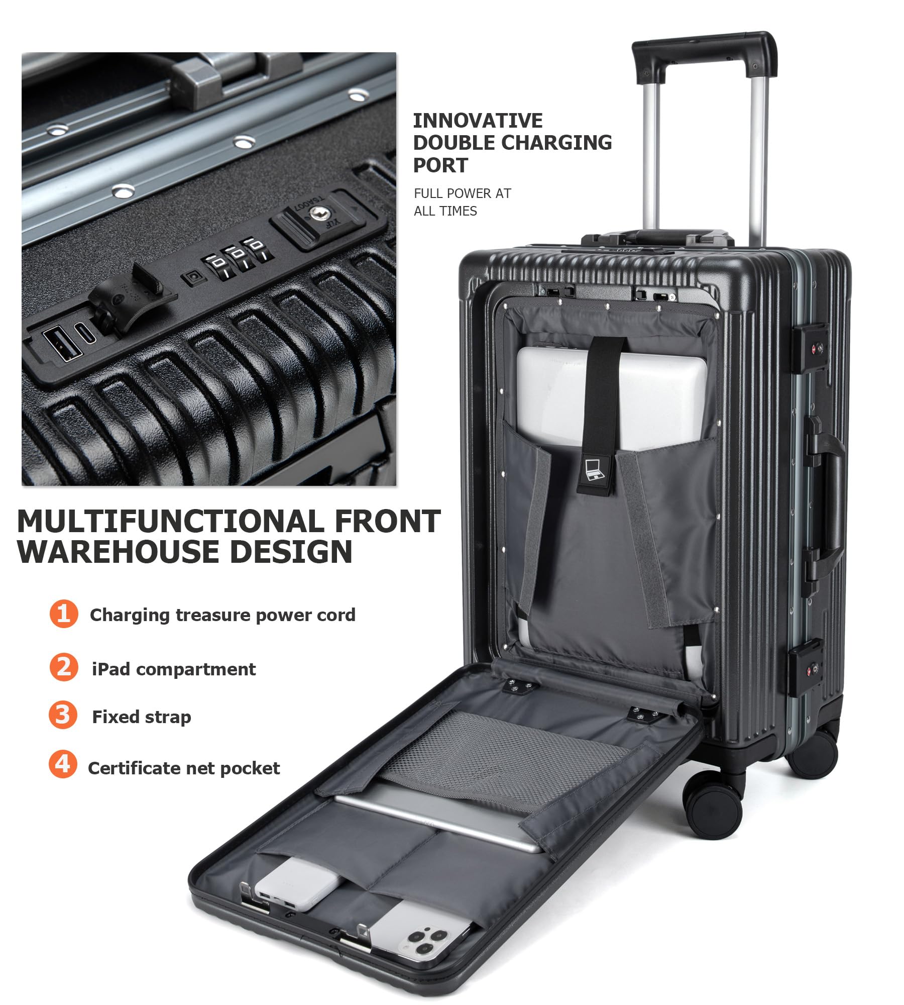 Aluminium Frame PC Hard Shell Spinner Wheels Luggage,20.8"X15"X8.7 Airline